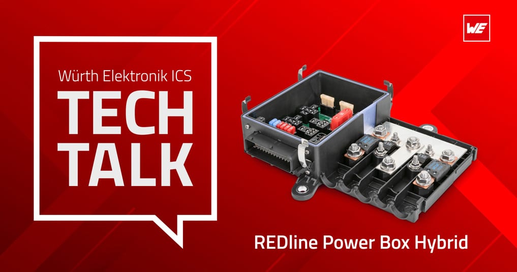 Redline Power Box Hybrid auf rotem Hintergrund mit weißer Tech Talk Sprechblase