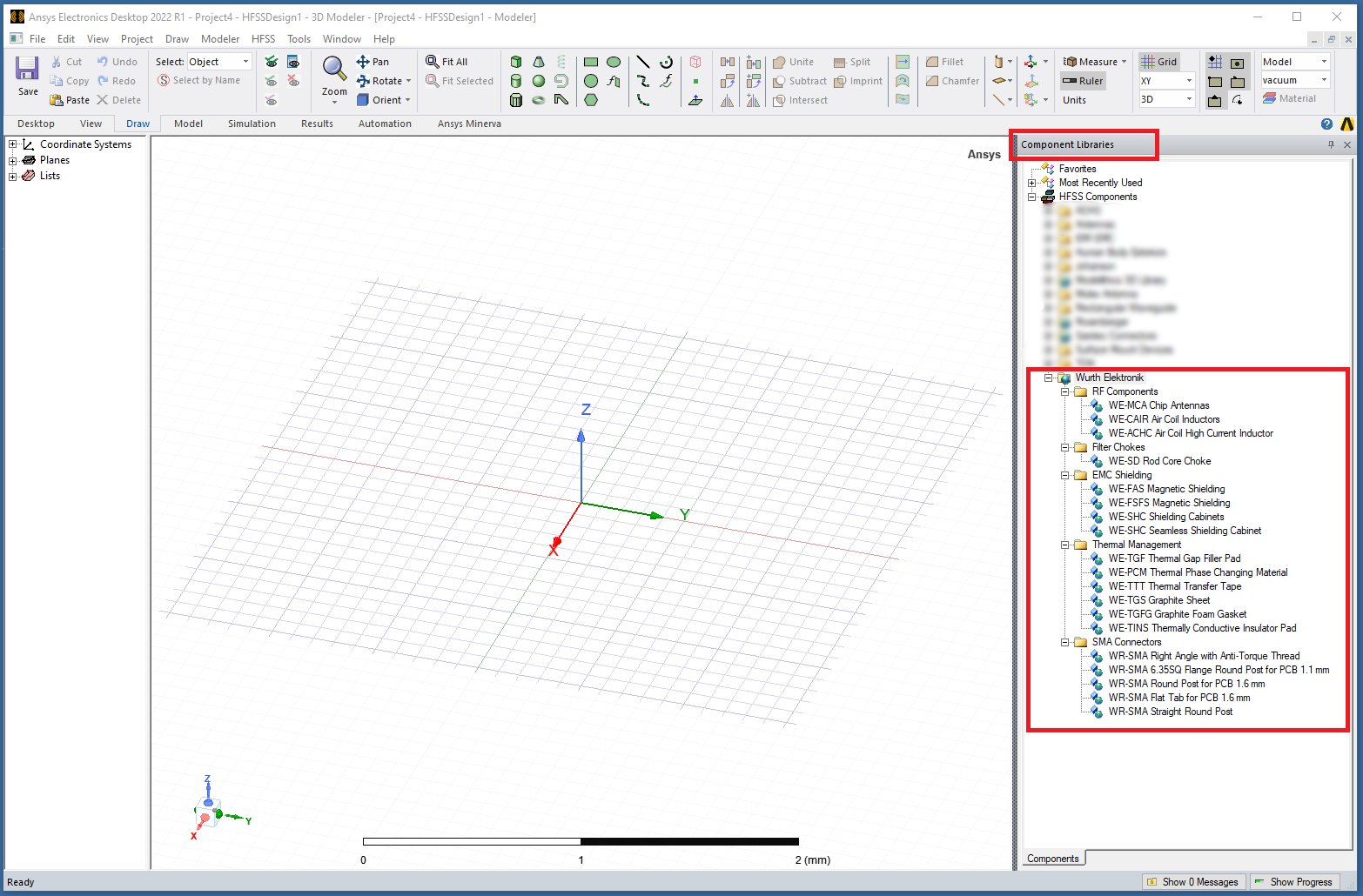 Open the Würth Elektronik folder in the Ansys Electronics Desktop library