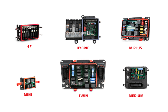 Redline Powerboxes-Collage auf grauem Hintergrund