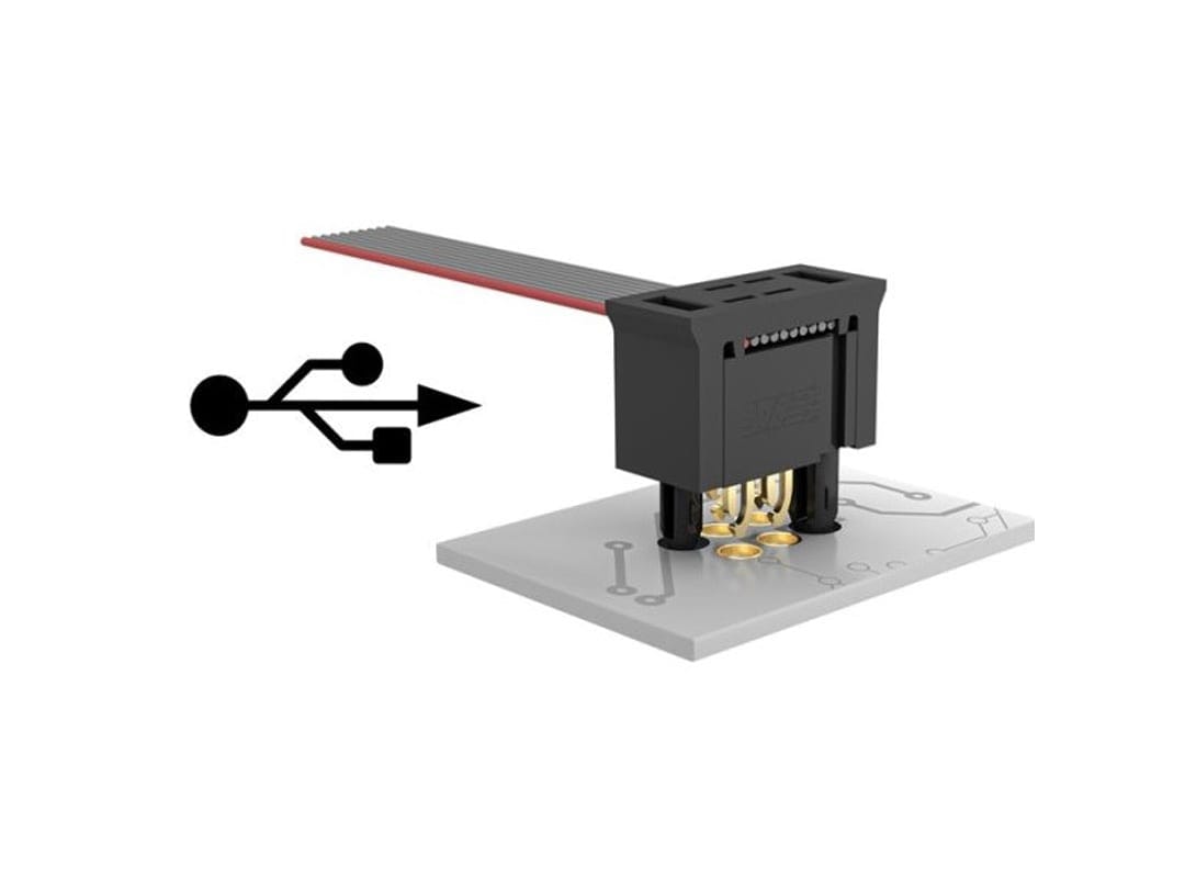 USB Zeichen mit einem SKEED Steckverbinder auf weißem Hintergrund