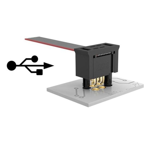 USB Zeichen mit einem SKEED Steckverbinder auf weißem Hintergrund