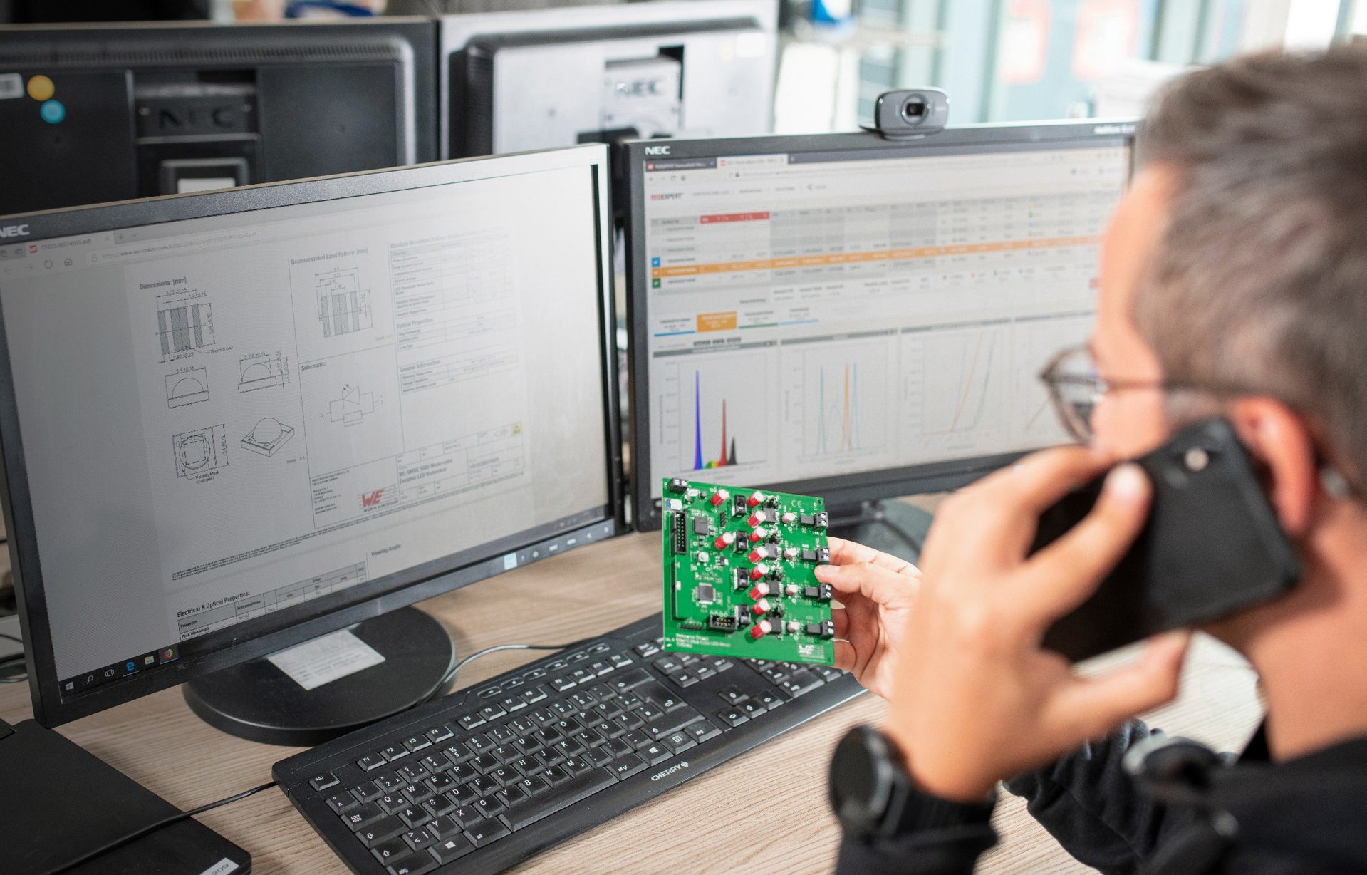 Kontaktaufnahme Support per Telefon Entwickler hält eine grüne Platine in der Hand und telefoniert