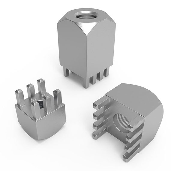 Three press fit components on white background