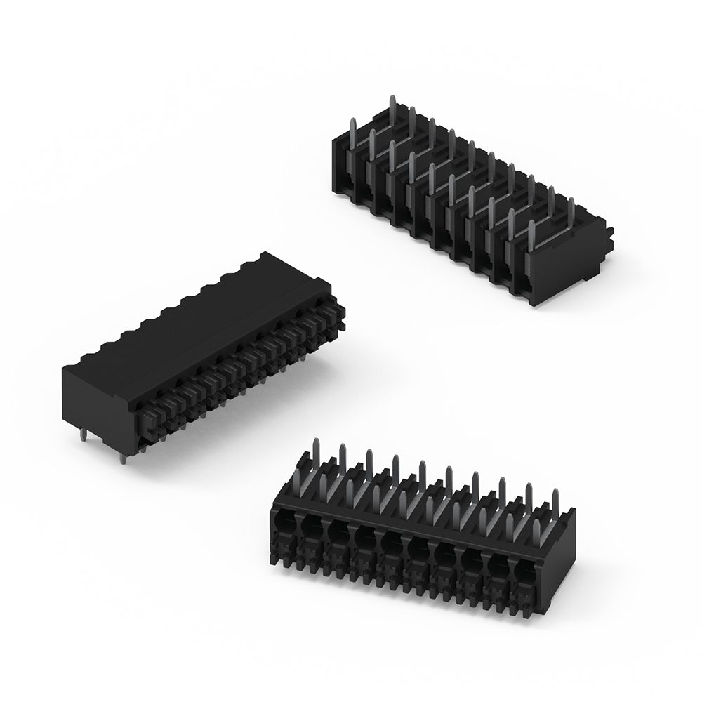 WR-TBL Series 4101 - Screwless Push In 3.5 mm pitch - Horizontal cable entry - THT Black terminal block is shown from three perspectives