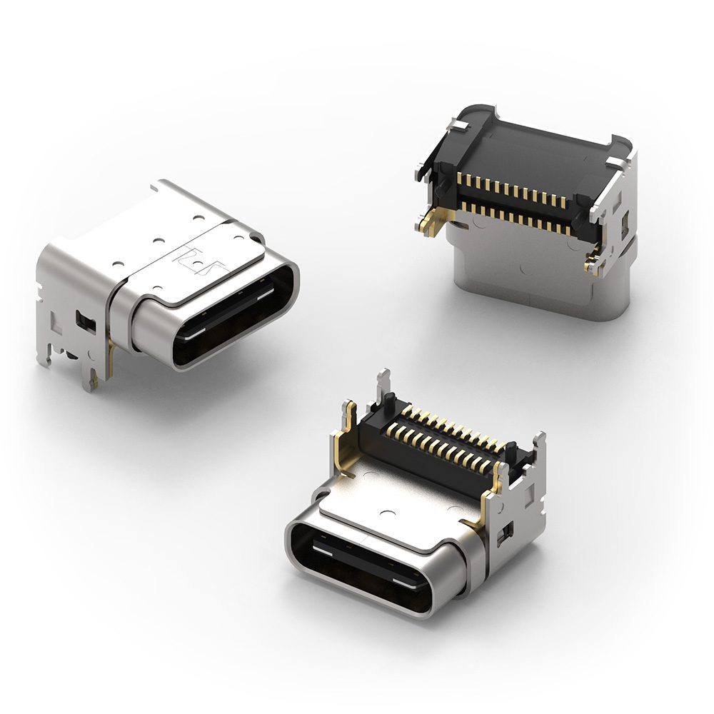 WR-COM USB 3.1 Type C Receptacle Horizontal High-Rise SMT Silver connector is shown from three perspectives