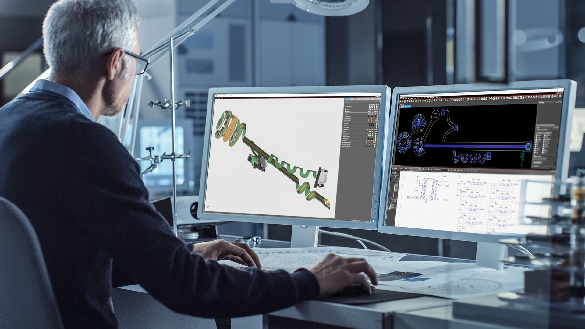 CBT PCB designer Man sits at two screens and designs circuit boards