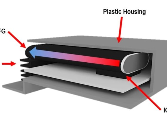 The component is shown in a graphical application. You can see a cross-section of a plastic housing in which the component is integrated.