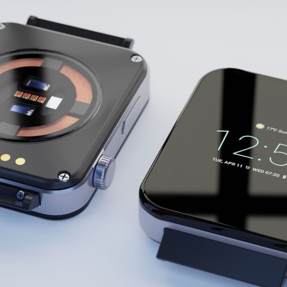 Picture shows both front and back of the OV Tech Open Source Smartwatch with ADVANCED.hdi circuit board