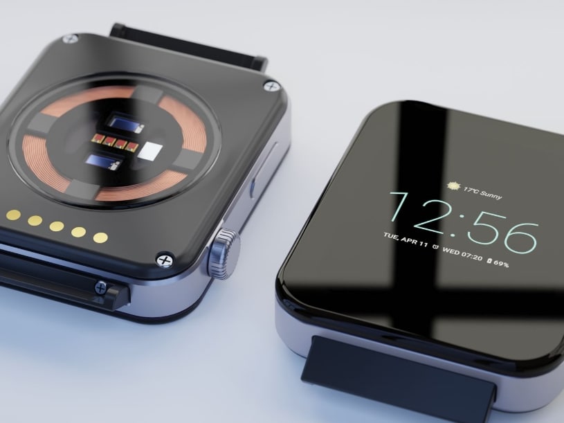 Picture shows both front and back of the OV Tech Open Source Smartwatch with ADVANCED.hdi circuit board