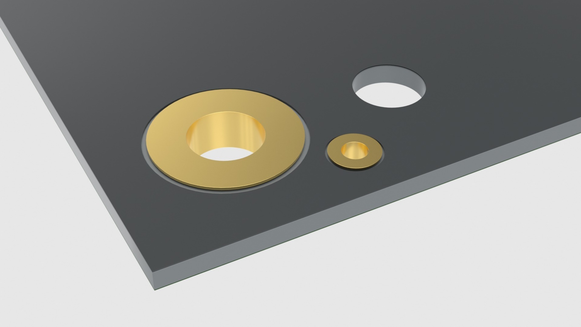 CBT Capability Drilling and Plating Rendering of a corner of a PCB with three drill holes, two of which are plated