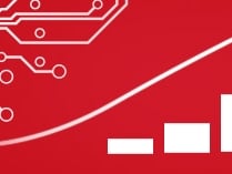 Leiterbahnen und ein Säulendiagramm mit einem nach oben steigendem Pfeil darüber auf rotem Hintergrund
