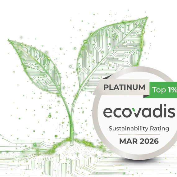 Bild zeigt das Keyvisual der Würth Elektronik CBT für die Ecovadis Platin-Auszeichnung: Ein grünes Blatt mit stilisierten Leiterbahnen und EcoVadis-Plakette.