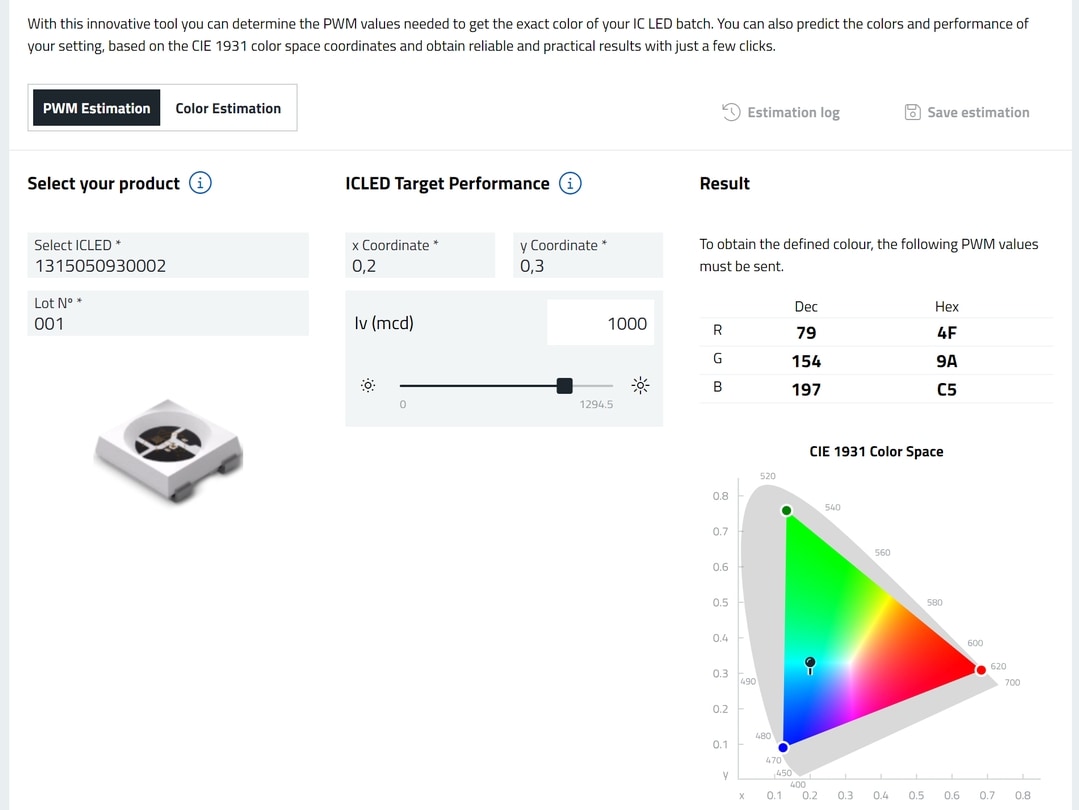 Select the component, bin, and color, and the REDEXPERT ICLED Color Calculator outputs the values for PWM control.