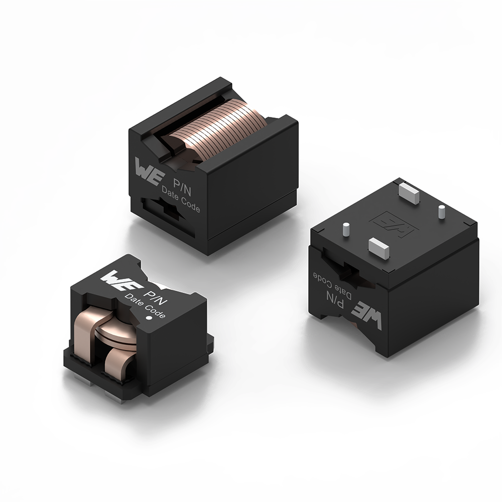 WE-HCFAT Der WE-HCFAT Low Loss THT High Current Induktor ist ein Hochstrominduktor, der aus drei verschiedenen Blickwinkeln zu sehen ist.