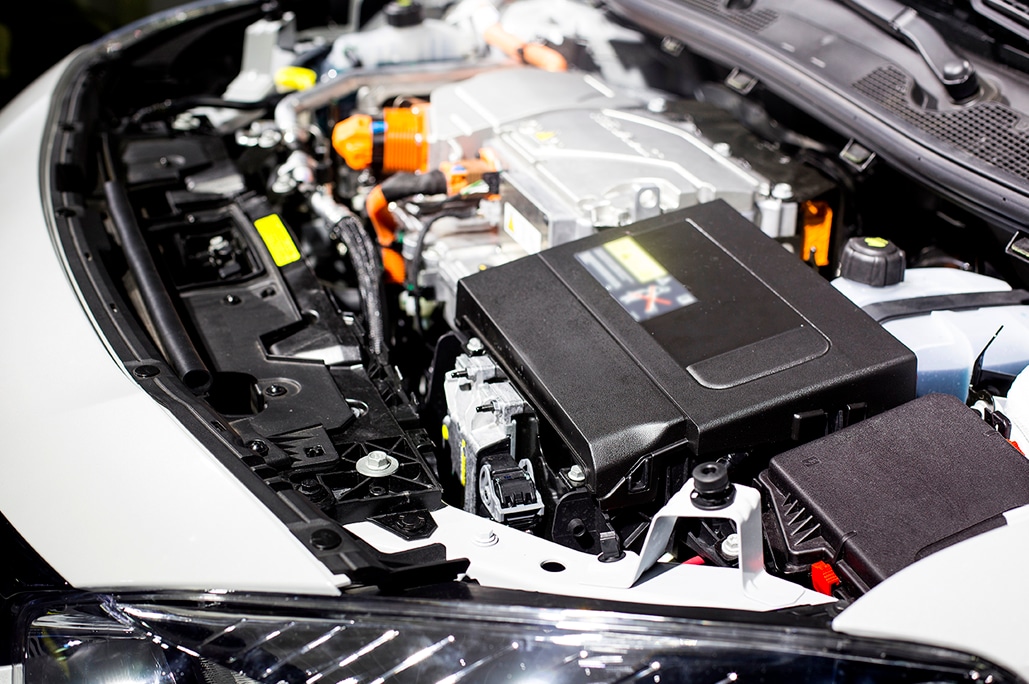 Automotive Applications Powertrain A open hood a car with direct view on the engine