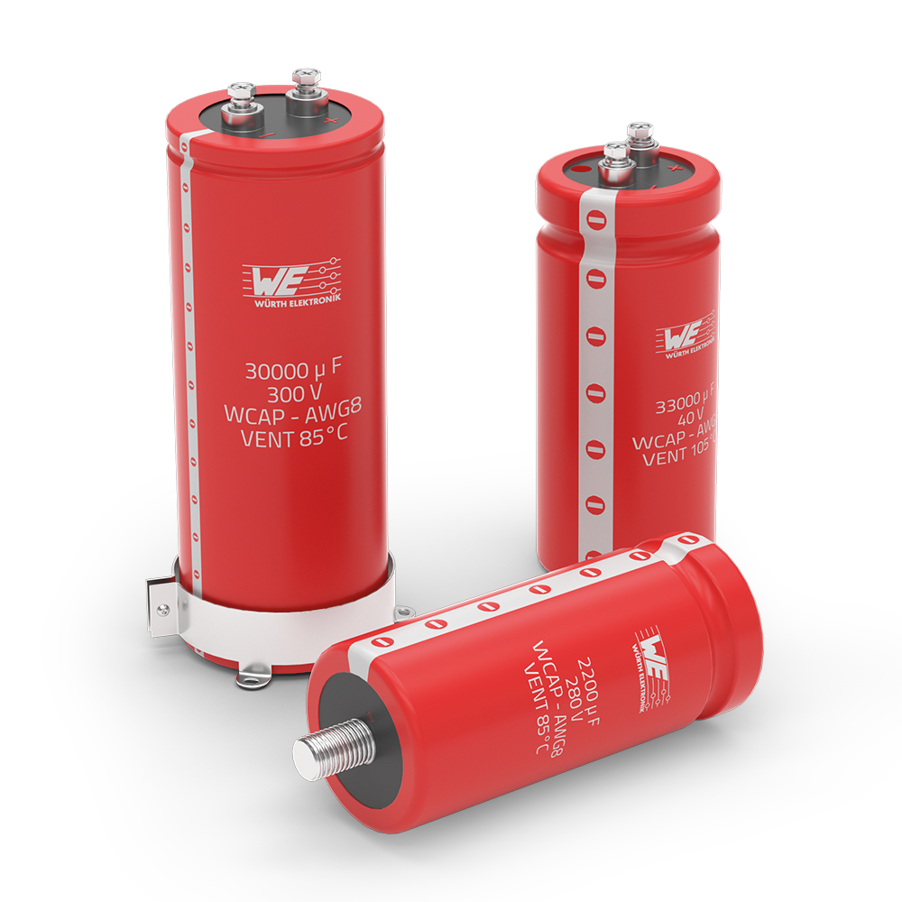 WCAP-AWG8 und WCAP-AWG5 Es sind drei Kondensatoren in unterschiedlichen Größen mit einem Schraubverschluss zu sehen.