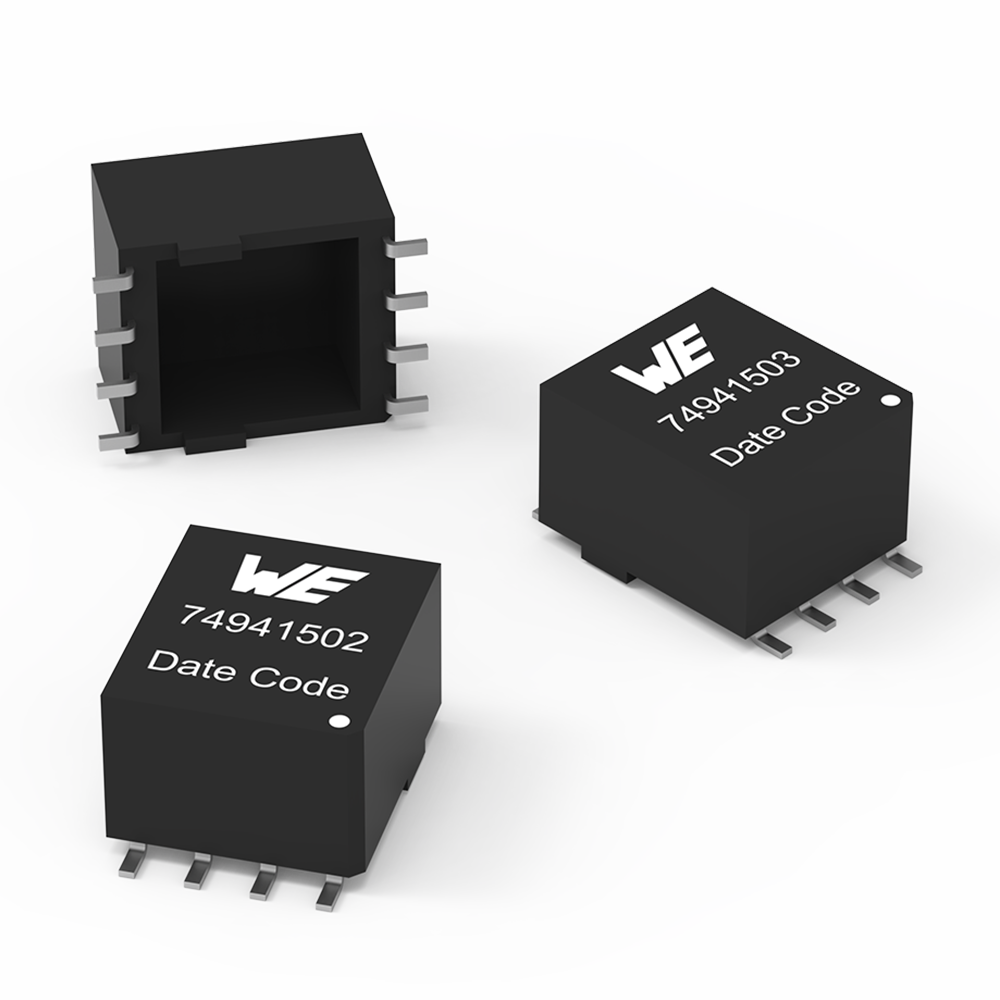 WE-PLC-Transformer A black signal transformer with 4 pins on two opposite sides can be seen from three different perspectives.