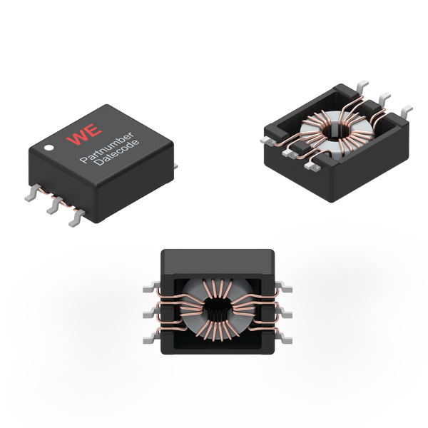 WE-PSPA Push pull and gate drive transformer shown from three different perspectives.
