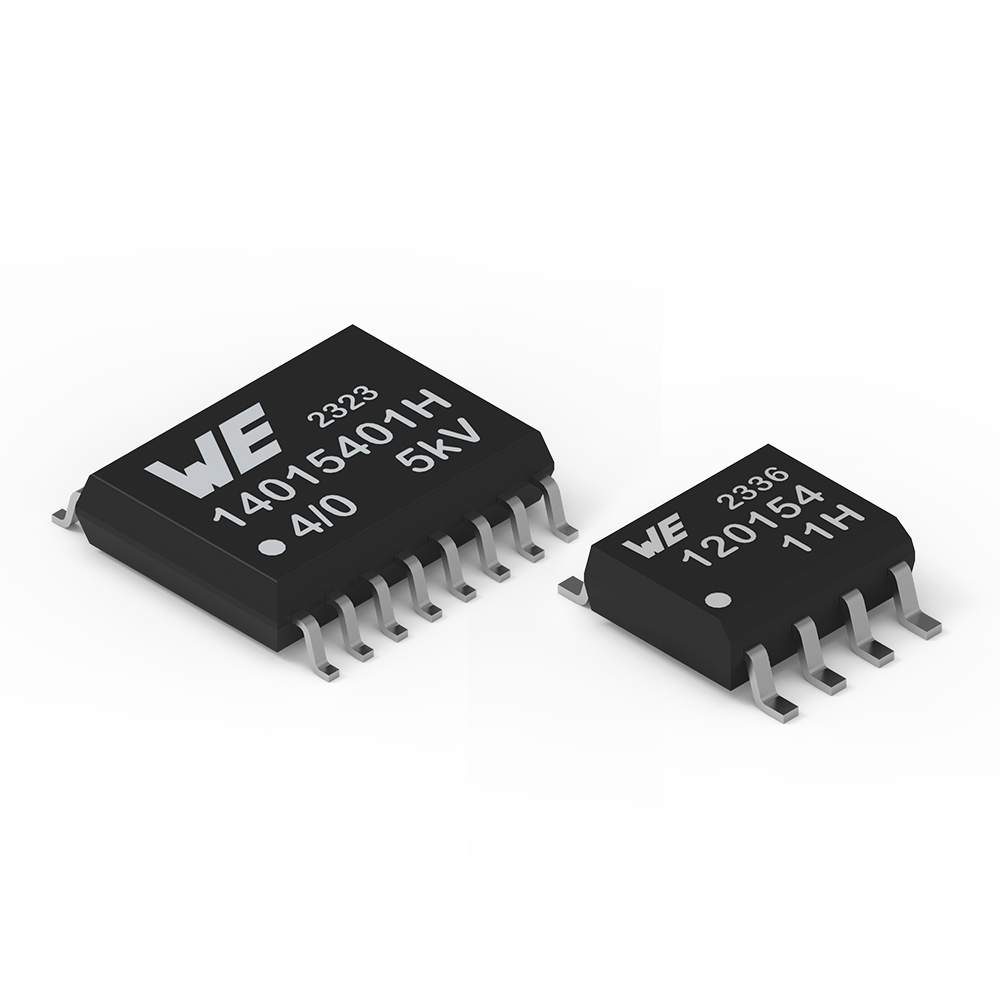 Digitale Isolatoren WPME-CDIS Zwei Signalübertrager unterschiedlicher Größe mit jeweils unterschiedlicher Pin-Anzahl sind sichtbar.