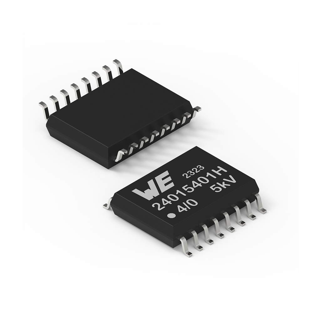 Digitale Isolatoren WPME-CDIP Ein Signalübertrager mit je acht Pins an den gegenüberliegenden Seiten ist aus zwei verschiedenen Perspektiven sichtbar.