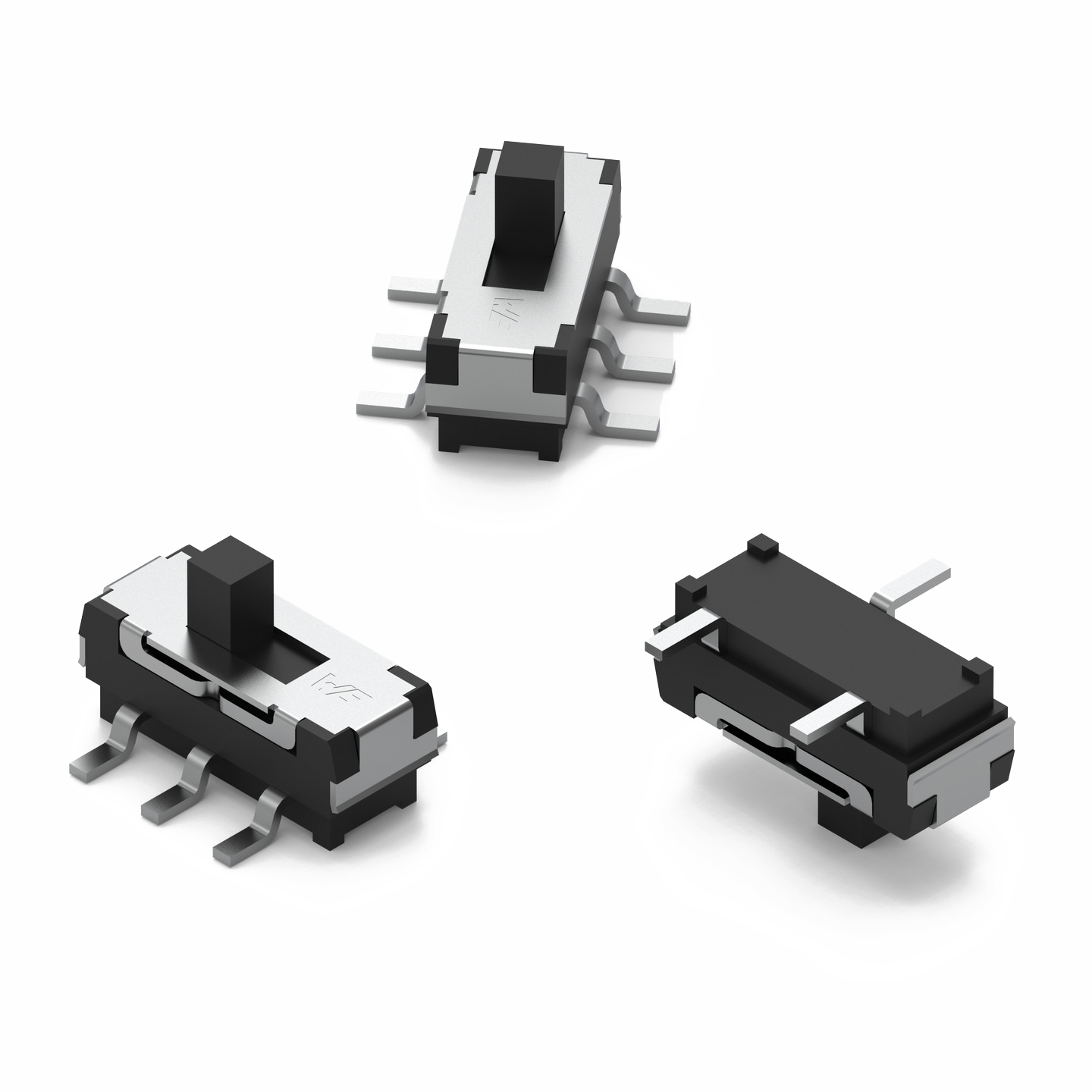 WS-SLSV SMT Mini Slide Switch Same Side Connection, 9.0 x 3.5 mm Slide switches can be seen from three different angles.