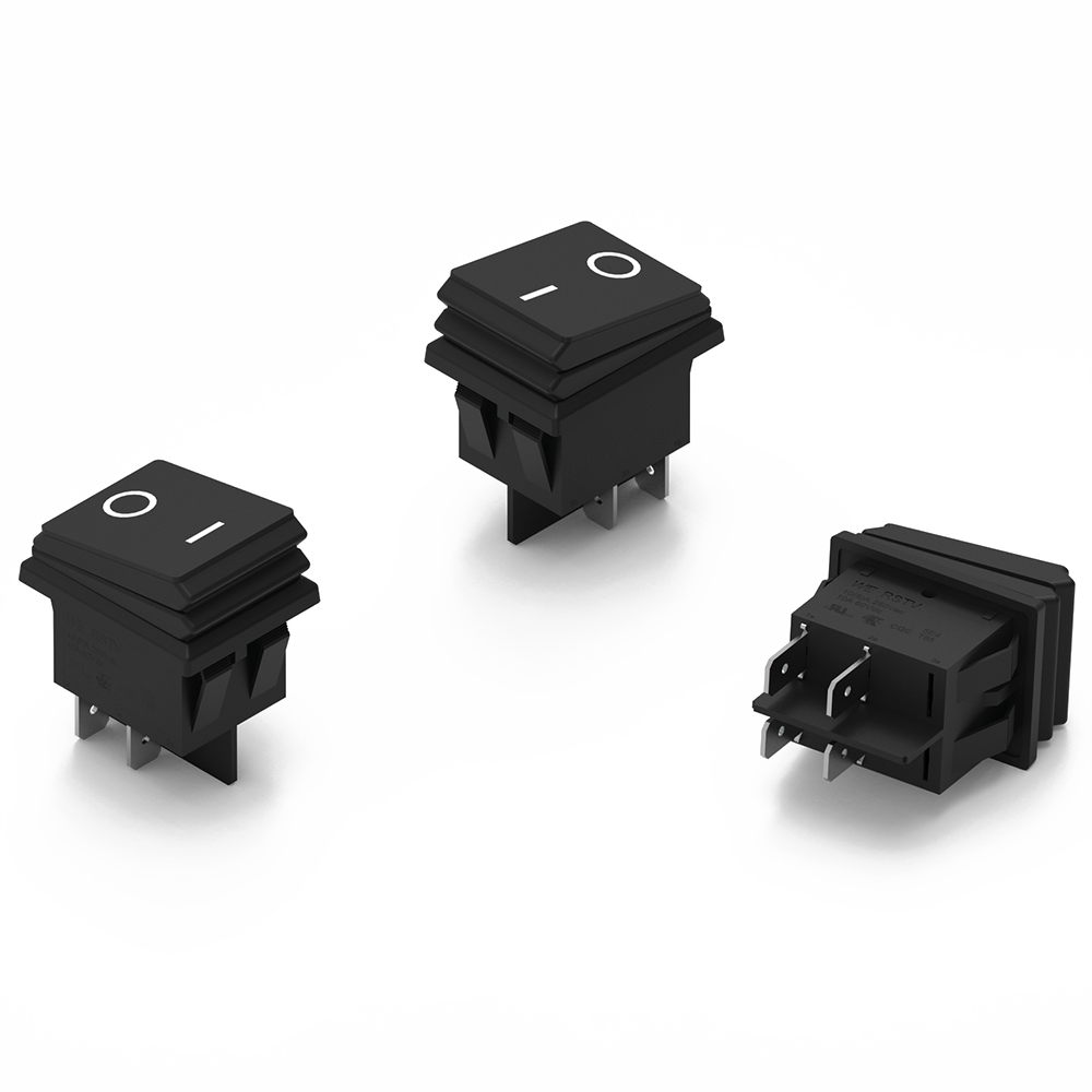 WS-RSTV IP65 30.2 x 22.2 mm panel cut-out with 0.25" quick connect terminal Black-coloured connectors can be seen from three different angles.