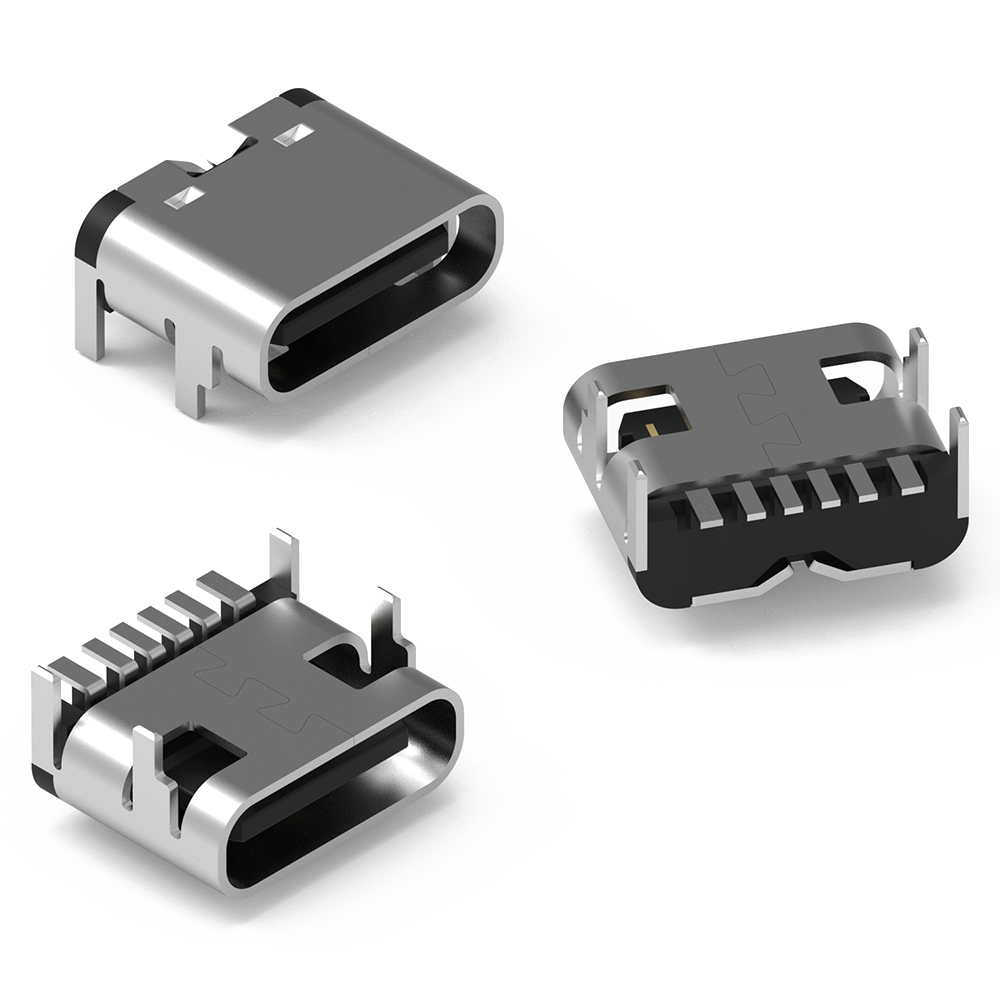 WR-COM USB Power Delivery Type C Receptacle Horizontal SMT Silberfarbige Steckverbinder sind aus drei verschiedenen Blickwinkeln zu sehen.