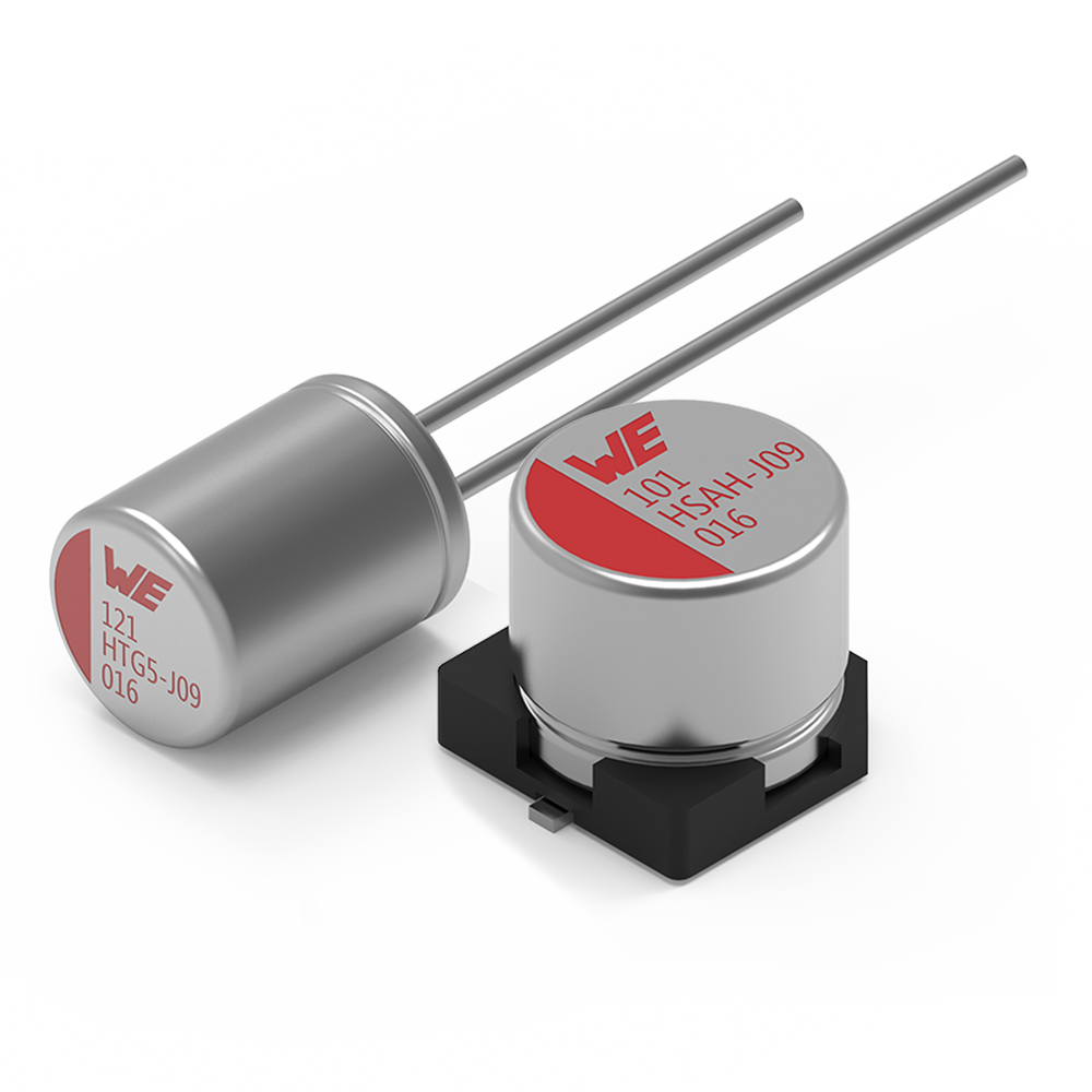 Aluminium-Hybrid-Polymer-Kondensatoren Es sind zwei unterschiedliche Typen von Aluminium-Hybrid-Polymer-Kondensatoren zu sehen. Auf der linken Seite eins mit zwei Pins und auf der rechten Seite eins zum Stecken.