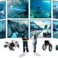 Drones and ground robots in various operating environments: in firefighting operations, in nature, underwater, and in industrial facilities.