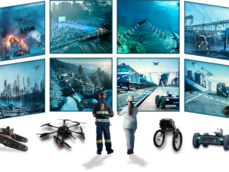 Drones and ground robots in various operating environments: in firefighting operations, in nature, underwater, and in industrial facilities.