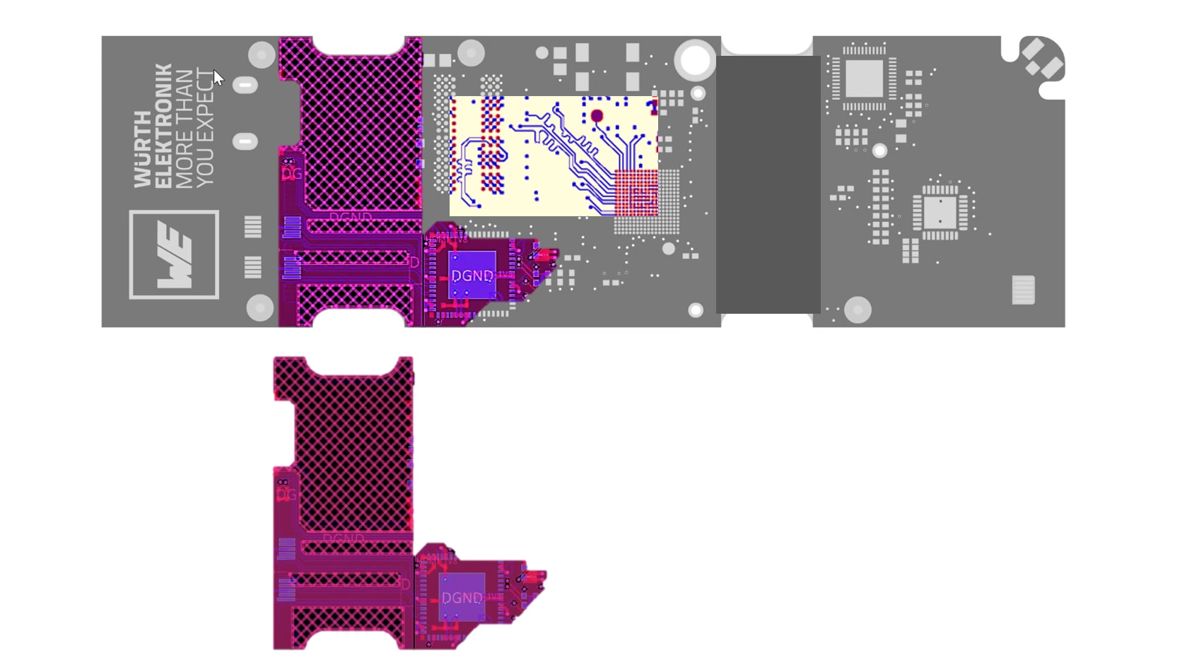 WE CBT Collage RIGID.flex Sample WE.flexone Signal Integrity Image showing flex with impedance matching as a detail of the physical PCB sample WE.flexone in RIGID.flex technology