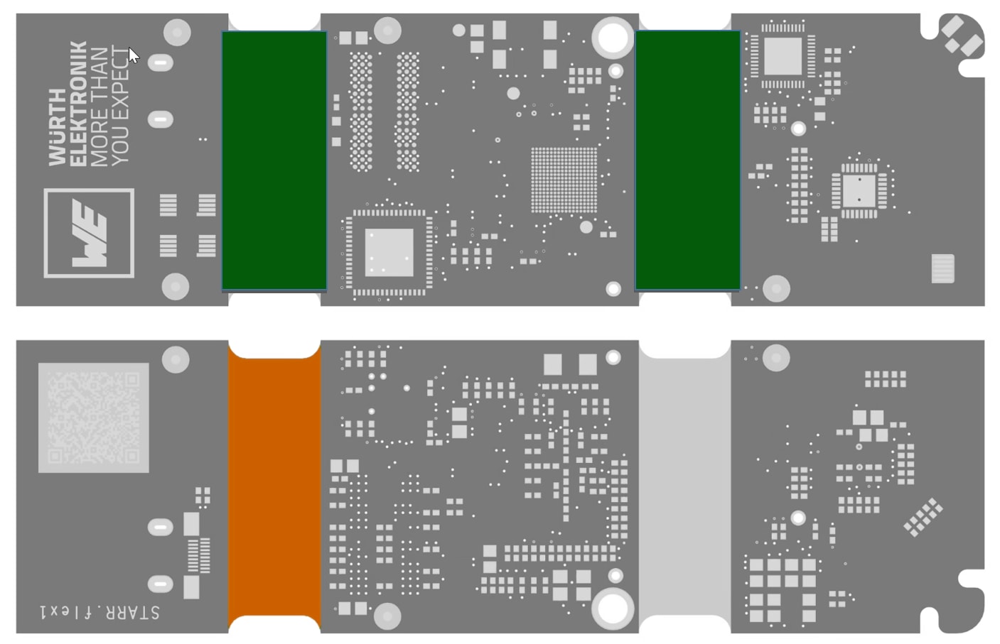 WE CBT Collage RIGID.flex Sample WE.flexone Covercoat and Coverlay Image showing flex areas with soldermask and coverlay as a detail of the physical PCB sample WE.flexone in RIGID.flex technology