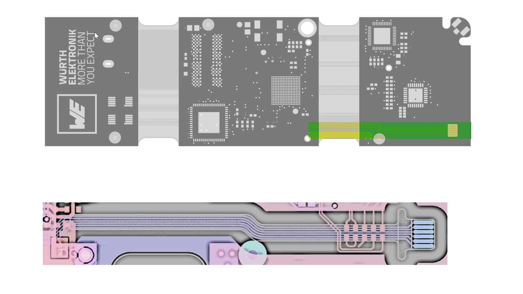 WE CBT Collage RIGID.flex Sample WE.flexone ZIF Image showing flex tail with ZIF contact as a detail of the physical PCB sample WE.flexone in RIGID.flex technology