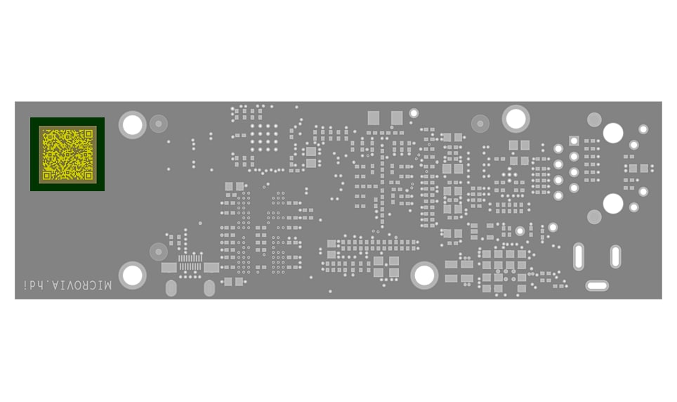 WE CBT collage MICROVIA.hdi sample WE.microbga QR code Image showing qr code as a detail of the physical PCB sample WE.microbga in MICROVIA.hdi technology