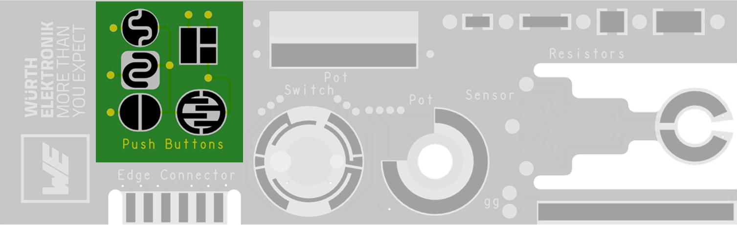 CBT polymer sample push buttons Image showing push buttons as a detail of the physical PCB sample in Printed.polymer technology