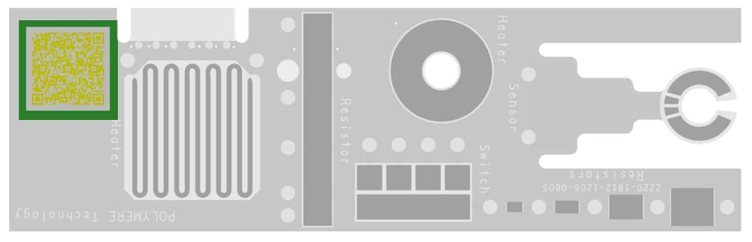 CBT polymer sample qr code Image showing qr code as a detail of the physical PCB sample in Printed.polymer technology