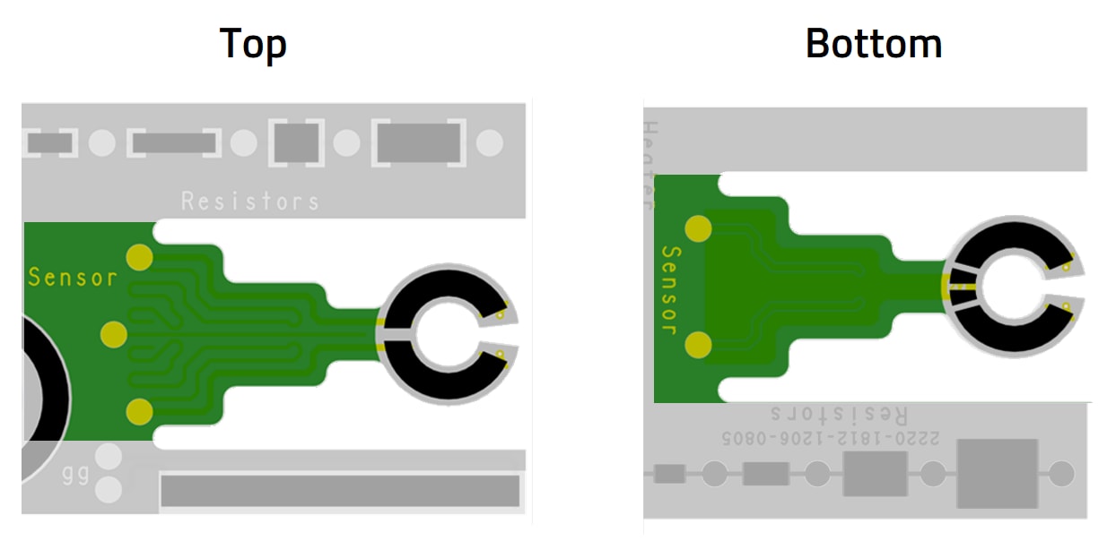 CBT polymer sample sensor Image showing sensor as a detail of the physical PCB sample in Printed.polymer technology