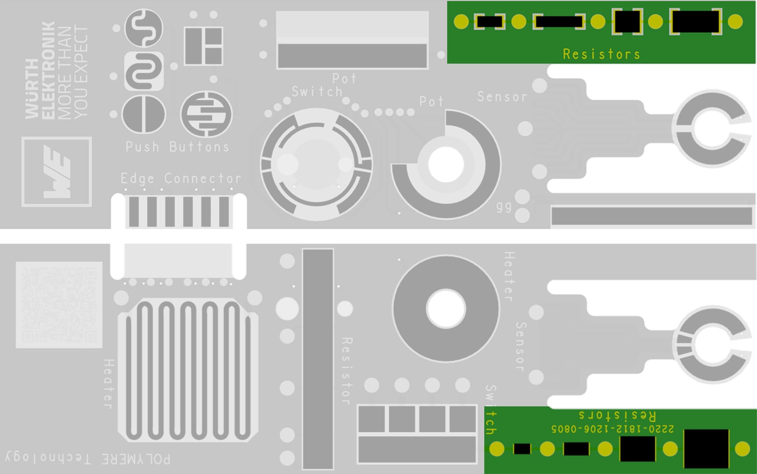 CBT polymer sample resistors top and bottom Image showing printed resistors as a detail of the physical PCB sample in Printed.polymer technology