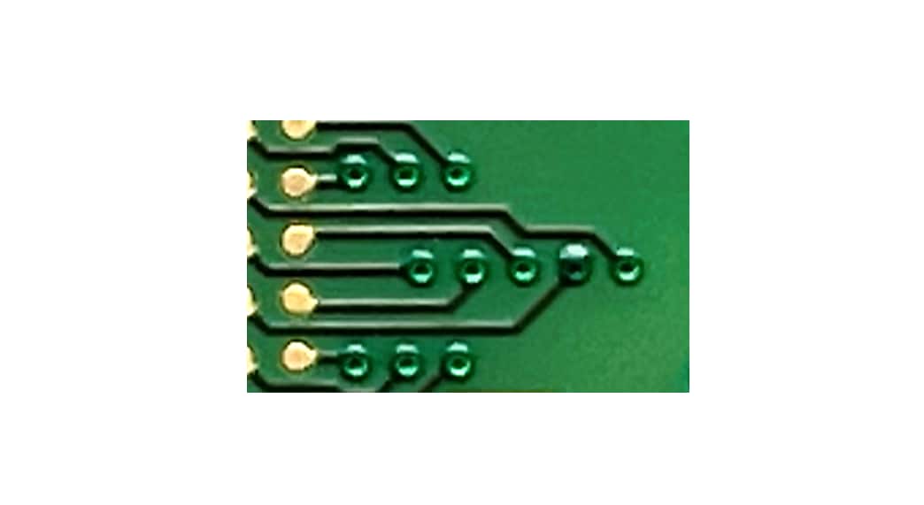 CBT BASIC sample WE.fan VIAS WITH PLUGGINGS Image showing plugged vias as a detail of the physical PCB sample WE.fan in BASIC technology