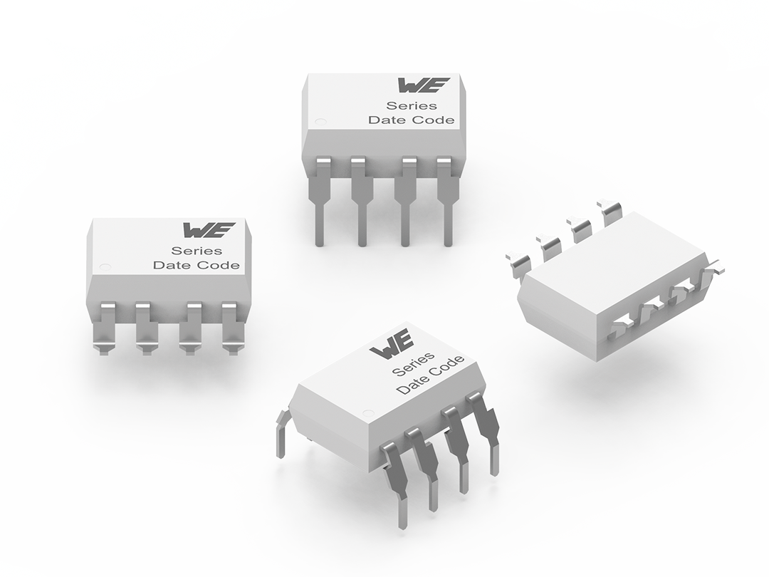 Weißer rechteckiger Optokoppler-Phototransistor der aus vier Perspektiven gezeigt wird