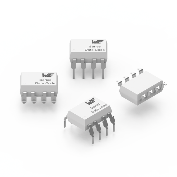 Weißer rechteckiger Optokoppler-Phototransistor der aus vier Perspektiven gezeigt wird