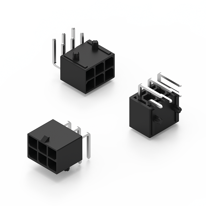 WR-MPC5 Die Abbildung zeigt ein eiCan-Produkt aus drei verschiedenen Perspektiven mit einer 5,70 mm-Stiftleiste, zweireihig, rechteckig und mit einrastenden Kunststoffstiften.