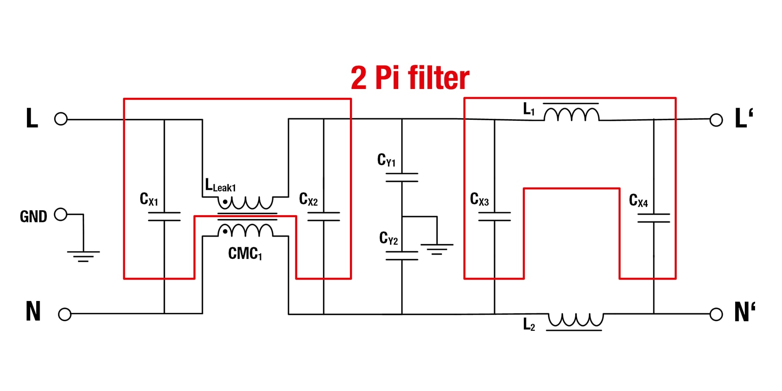 Evaluation Board DC 2stepCMC Filter 2-stage Pi filter for differential mode attenuation Schematic with two Differential Chokes Evaluation Board DC 2stepCMC Filter 2-stage Pi filter for differential mode attenuation Schematic with two Differential Chokes