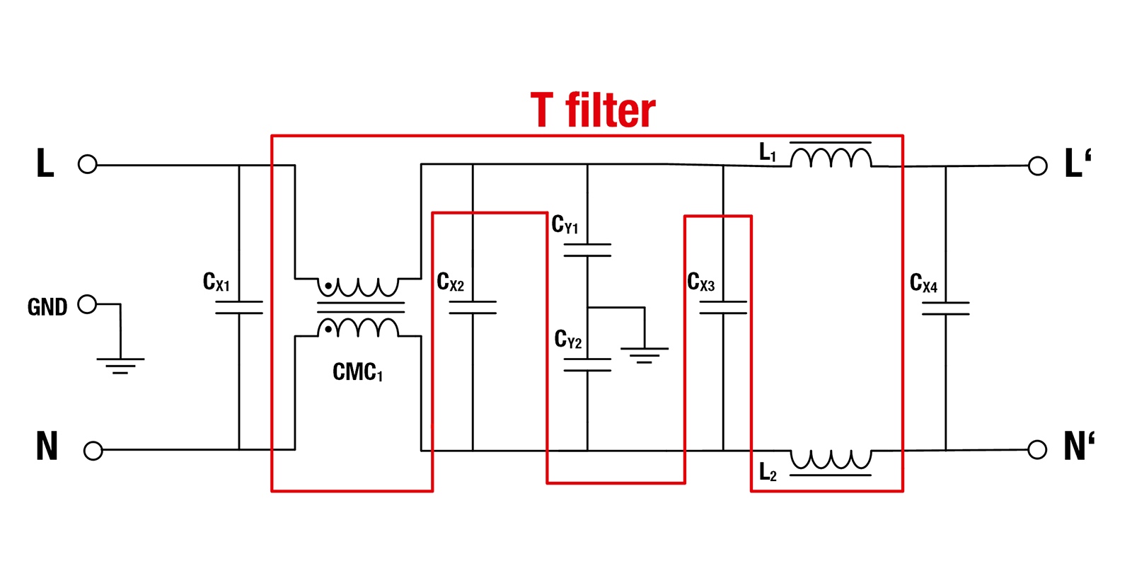 Evaluation Board DC 2stepCMC Filter T-filter for common mode attenuation Schematic with two Differential Chokes Evaluation Board DC 2stepCMC Filter T-filter for common mode attenuation Schematic with two Differential Chokes