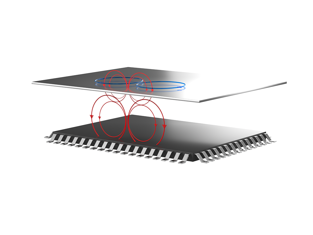 Content Modul WE-EMIP Funktionsweise 2 EMI Patch schwebt parallel zu einem Bauteil, dazwischen sind rote kreisförmige elektromagnetische Ströme eingezeichnet und zusätzlich blaue, horizontale Kreise auf dem EMI Patch.