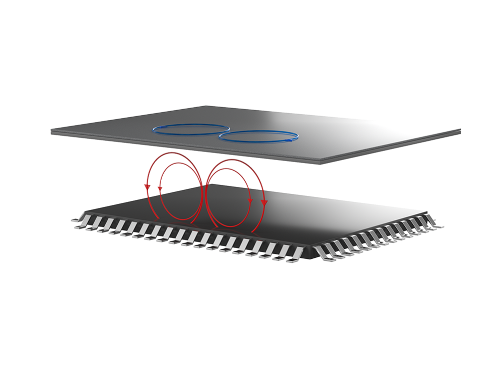 Content Modul WE-EMIP Funktionsweise 3 EMI Patch schwebt parallel zu einem Bauteil, dazwischen sind rote kreisförmige elektromagnetische Ströme eingezeichnet und zusätzlich blaue, horizontale Kreise auf dem EMI Patch.