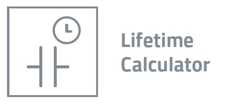 Lifetime Calculator Icon of two parallel capacitors with a clock above, next to the text 'Lifetime Calculator.'