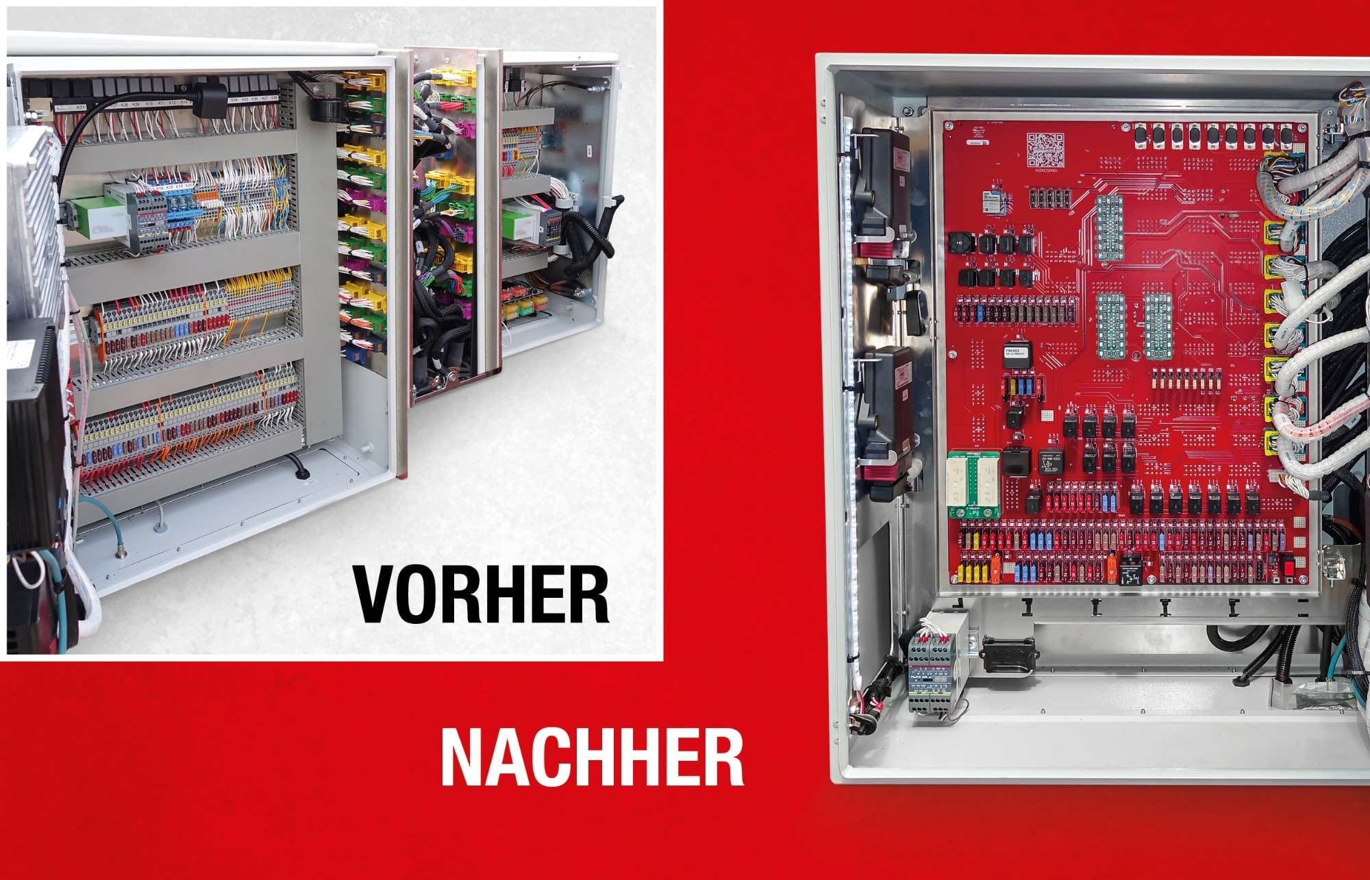 Vorher-Nachher: Lösungen für Holmer Vorher-Nachher: vom handverdrahteten Schaltschrank zur kompakten Zentralelektrik-Lösung