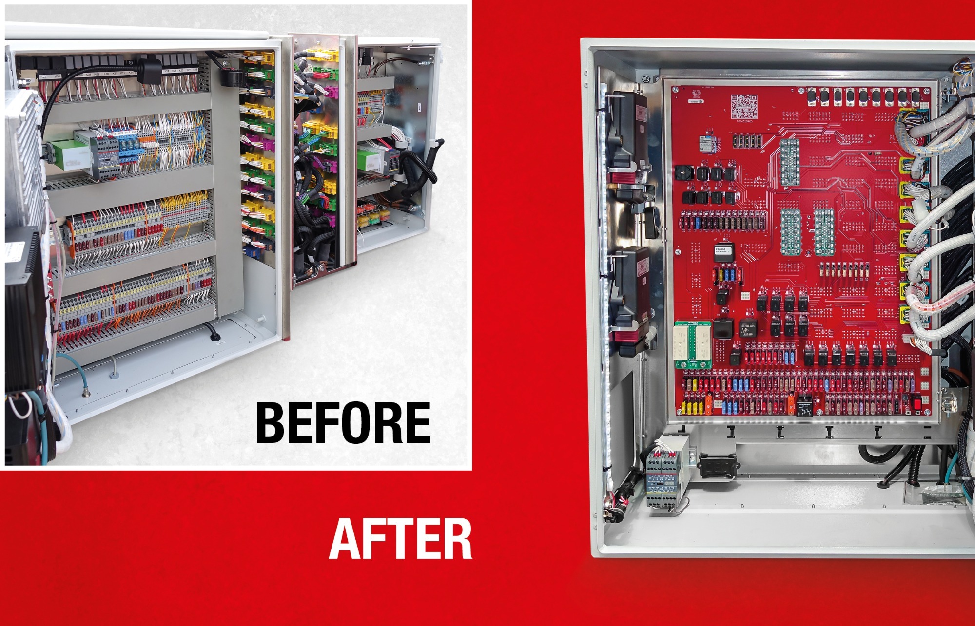 Before and after: solutions for Holmer Before and after: from hand-wired control cabinet to compact central electrical solution