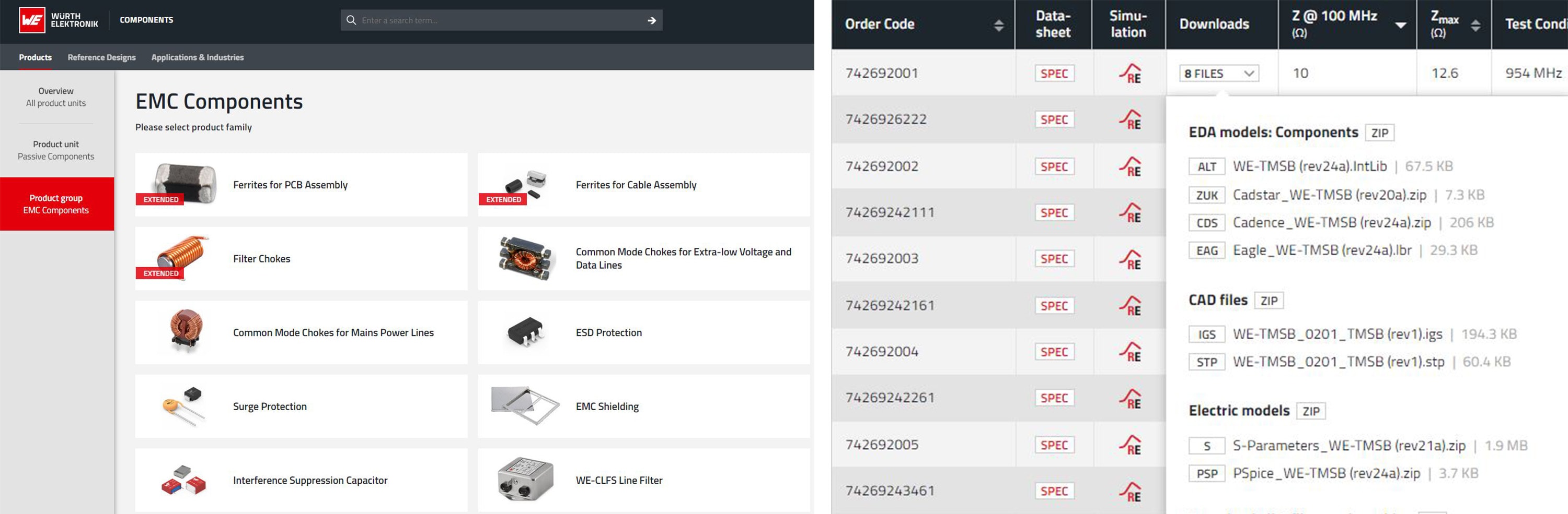 Online Katalog Navigation Bauteilebibliotheken Screenshot vom Online-Shop der Würth Elektronik eiSos